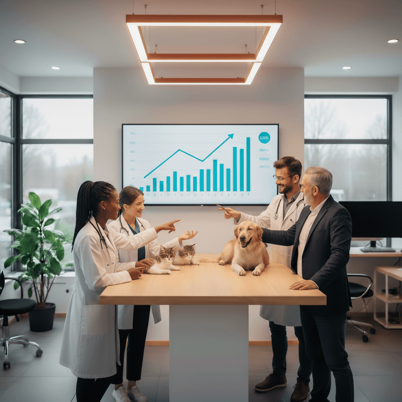 Clínica veterinária com dashboard ao fundo